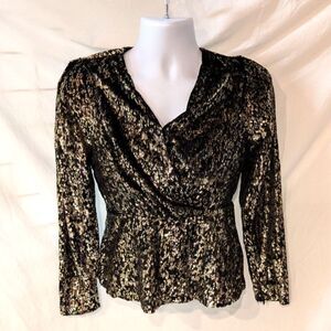 Elie Tahari Black/Gold Metallic Velvet Burnout Top, size 8